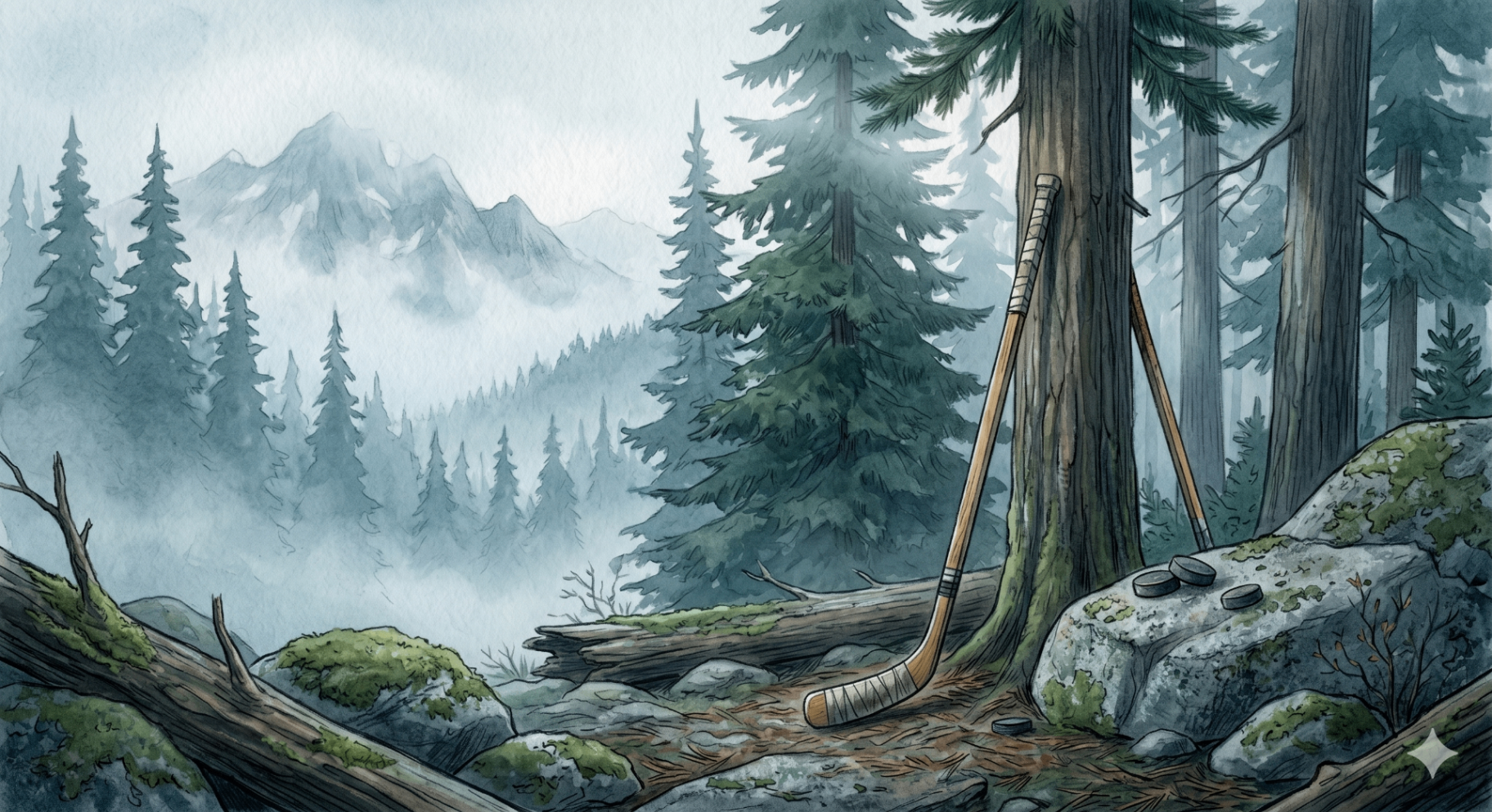 Watercolor illustration of a misty Pacific Northwest forest with a hockey stick and pucks resting against a mossy tree, mountains in the distance.